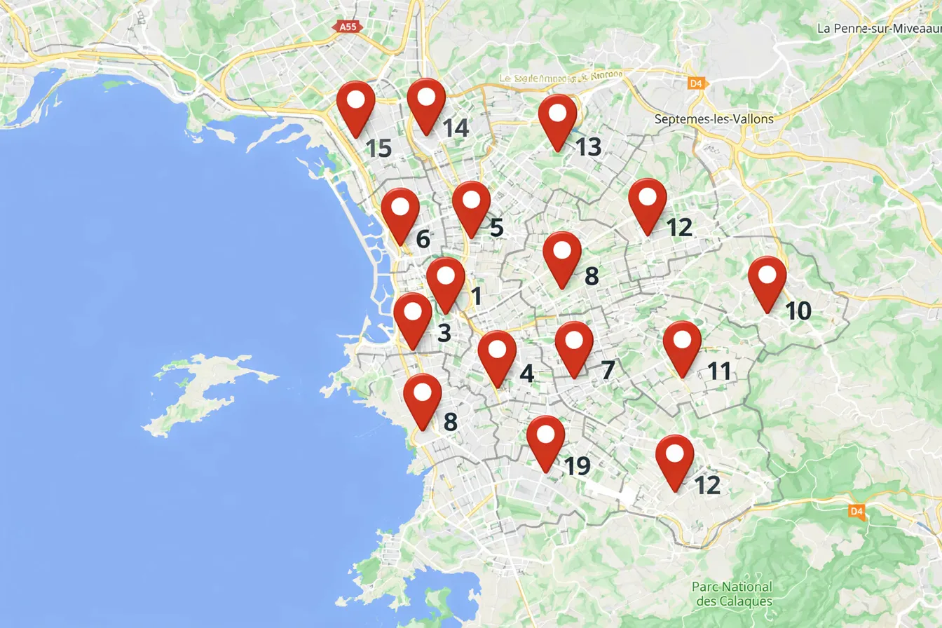 Carte de localisation service carte grise Marseille - Intervention tous arrondissements du 1er au 16e